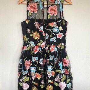 New York & Company Black Mesh Midi Dress with Multicolor Floral Embroidery Sz 8